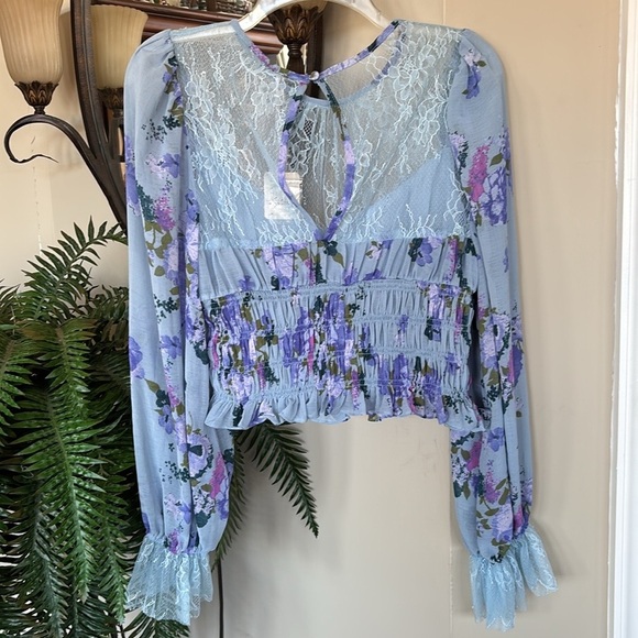 Free People Blue Floral Lace Blouse - Picture 7 of 14